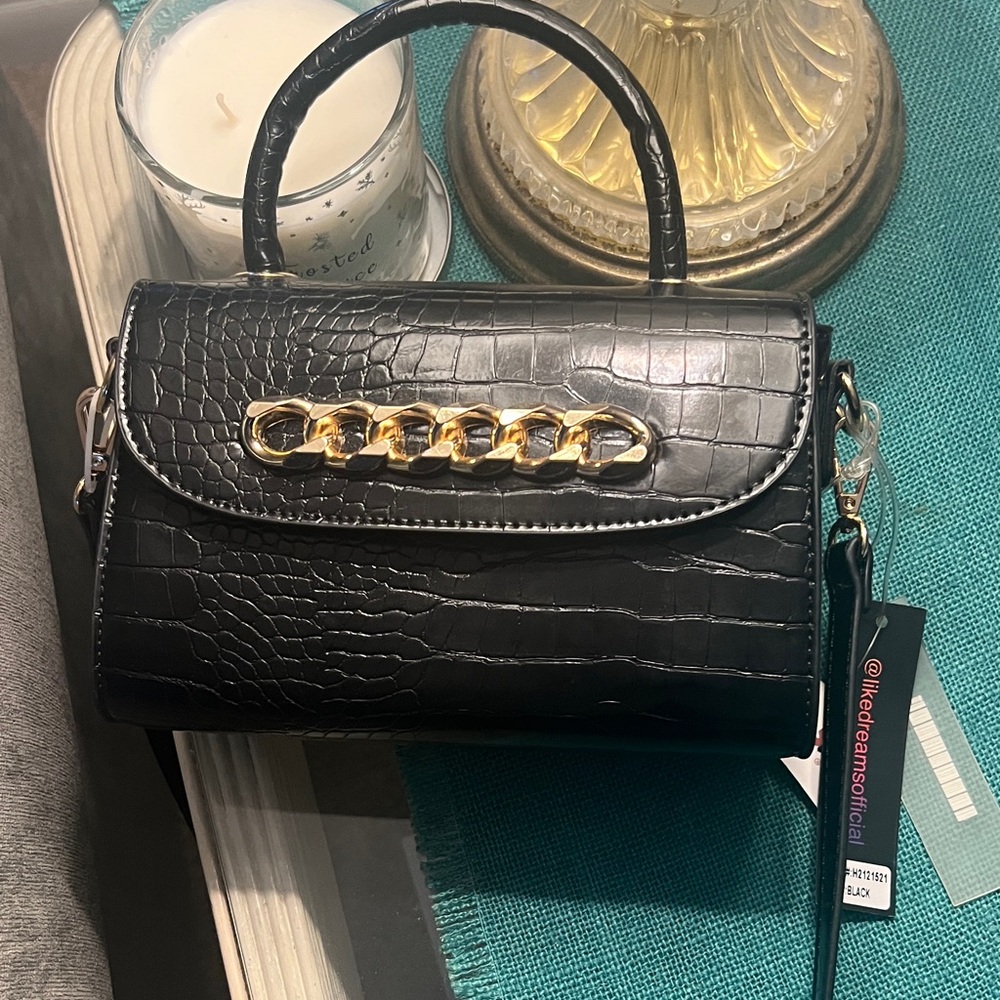Black Croc-Embossed Handbag with Gold Chain Accent